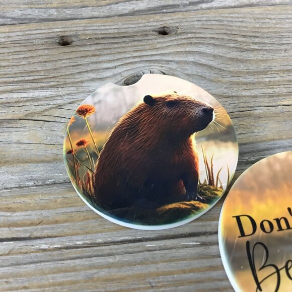 Don't Worry Be Capy Capybara Car Coasters Set of 2 - Picture 2 of 6